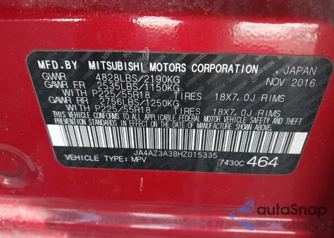 2017 Mitsubishi Outlander Se z USA, uszkodzony, nr VIN JA4AZ3A38HZ015335